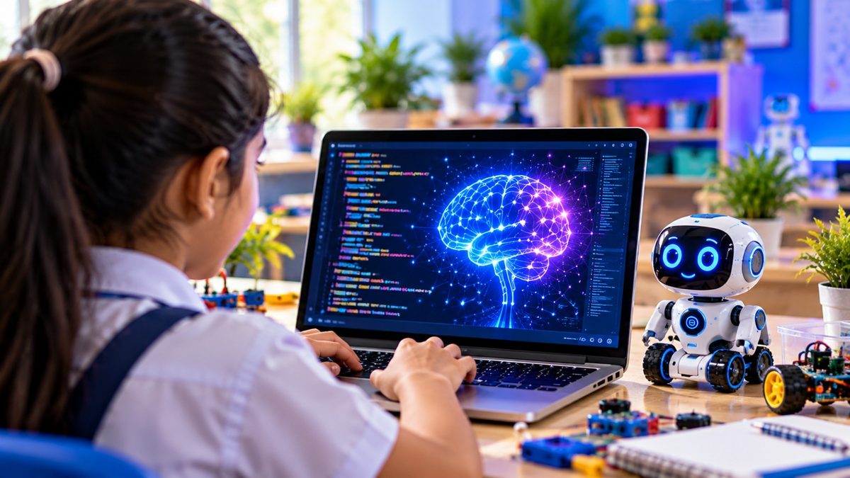 A student working with AI on a laptop beside a robot