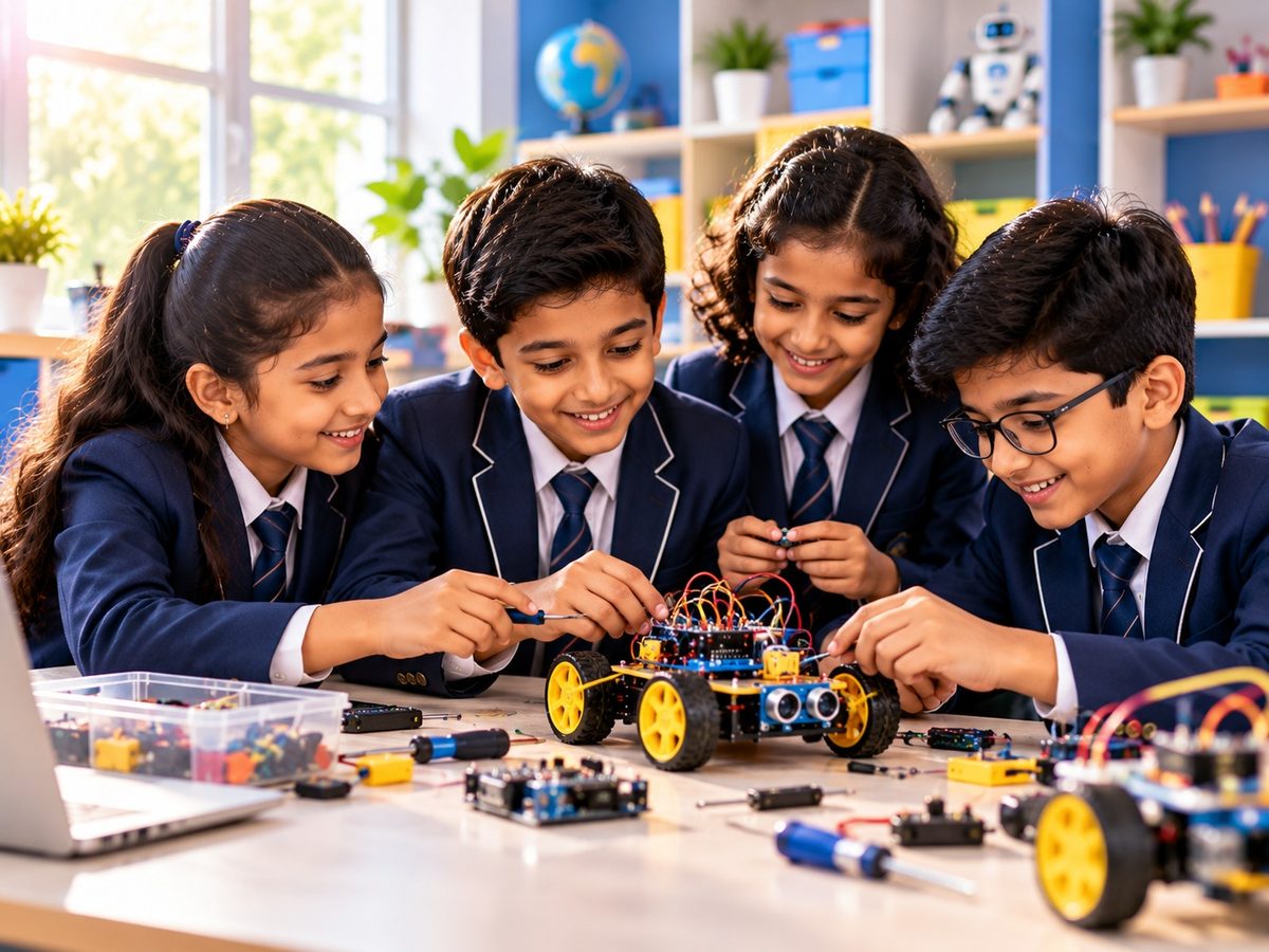 Students exploring how a robot kit works