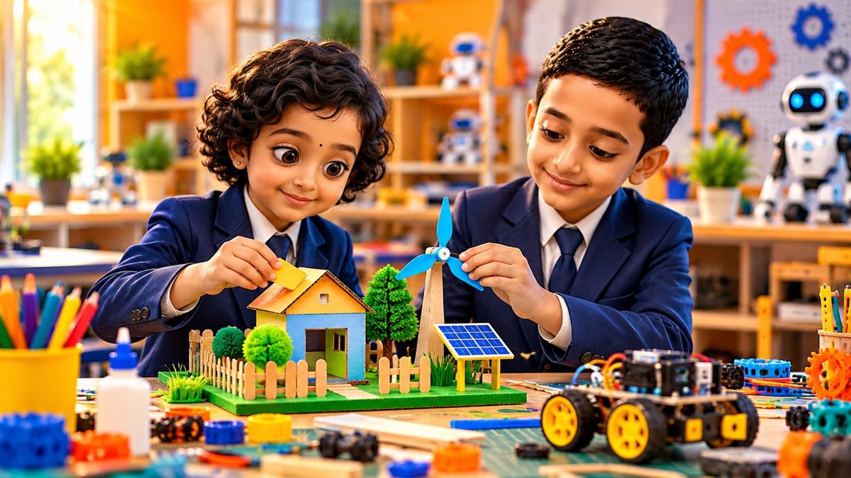 Students presenting a model that connects science, technology and the environment
