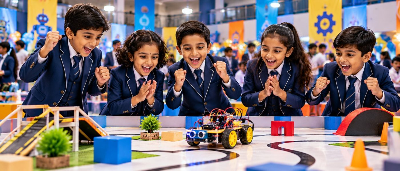 Students at a robotics competition table