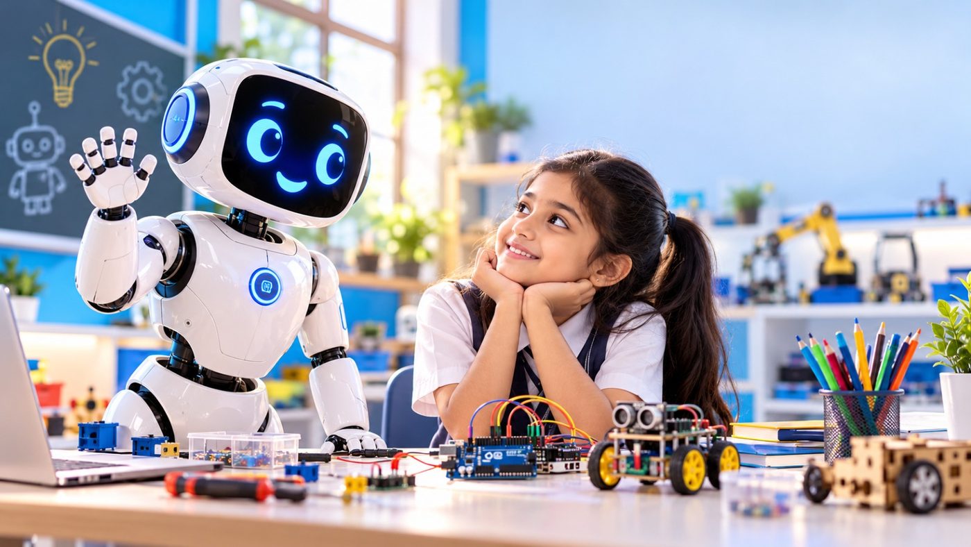 An Esanskar robot waving beside a smiling student in a robotics classroom