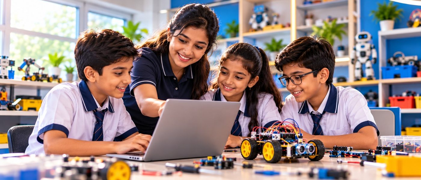 Students and the Esanskar robot at a laptop