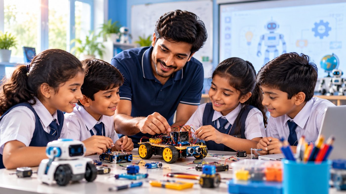 A trainer guiding students in a school robotics lab