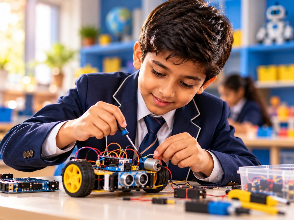 A student building and wiring a robot car
